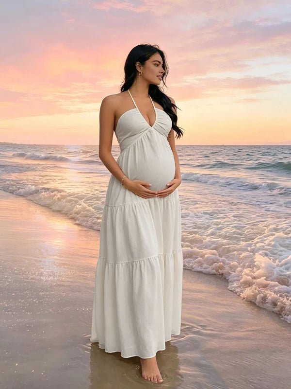 Beach Spaghetti Strap Halter Neck Tie-back Ruched Backless Vacation Photoshoot Maternity Maxi Dress for Maternity