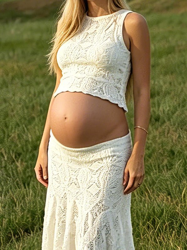 Ivory-white Round Neck Wavy Edge Two Piece Fashion Bodycon Vacation Photoshoot Maternity Midi Dress for Maternity