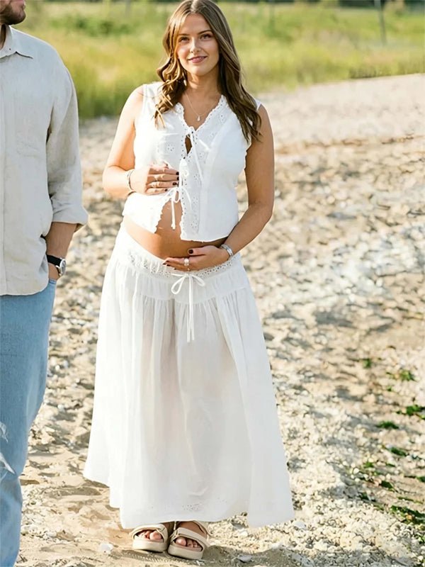 White Lace Up Openwork Lace Two Piece Maternity Photoshoot Maxi Dress for Maternity