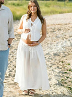 White Lace Up Openwork Lace Two Piece Maternity Photoshoot Maxi Dress for Maternity