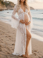 White Boho Lace Cover-up Bikini Smock Maternity Photoshoot Midi Dress for Maternity