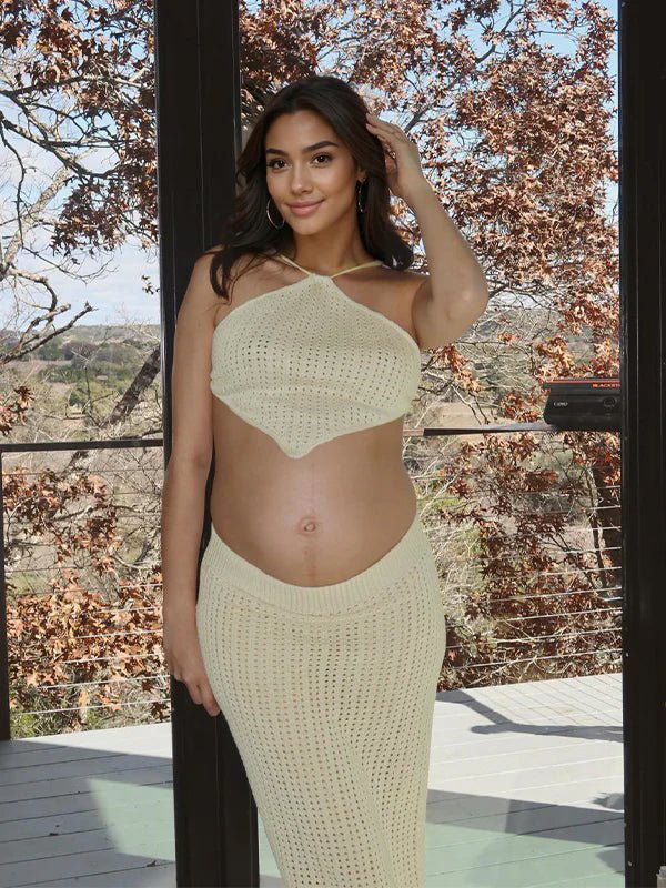 Beige 2 Piece Halter Neck Crochet Fashion Beach Vacation Bodycon Maternity Maxi Dress for Maternity