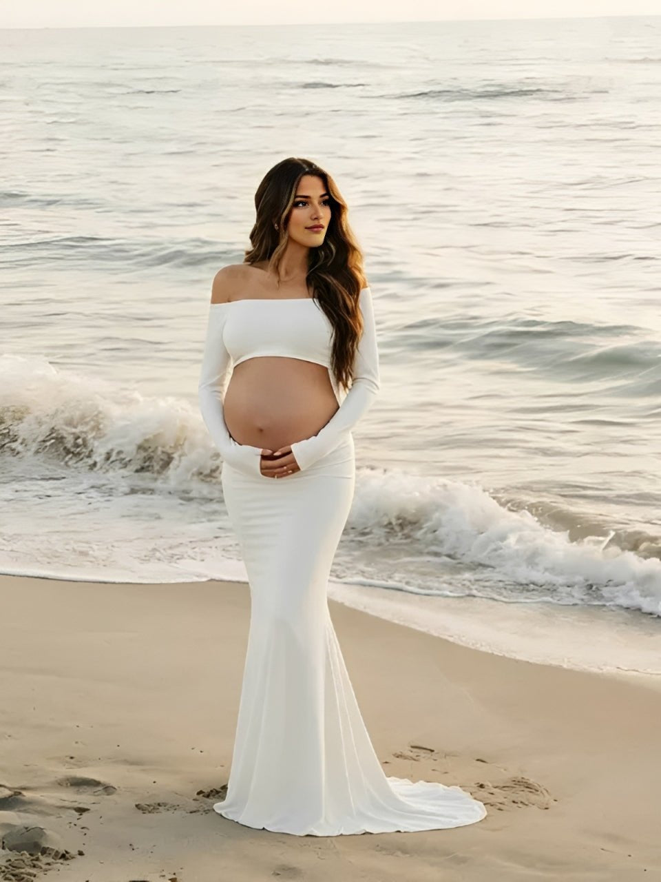 Elegant White Cut Out Off Shoulder Mermaid Maternity Photoshoot Maxi Dress for Maternity