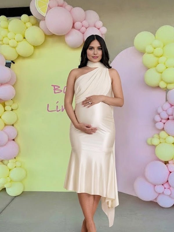 Oblique Shoulder Ribbon Trumpet Maternity Baby Shower Maxi Dress for Maternity