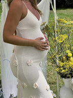 White Spaghetti Strap Backless 3d Flowers Maternity Maxi Dress for Maternity
