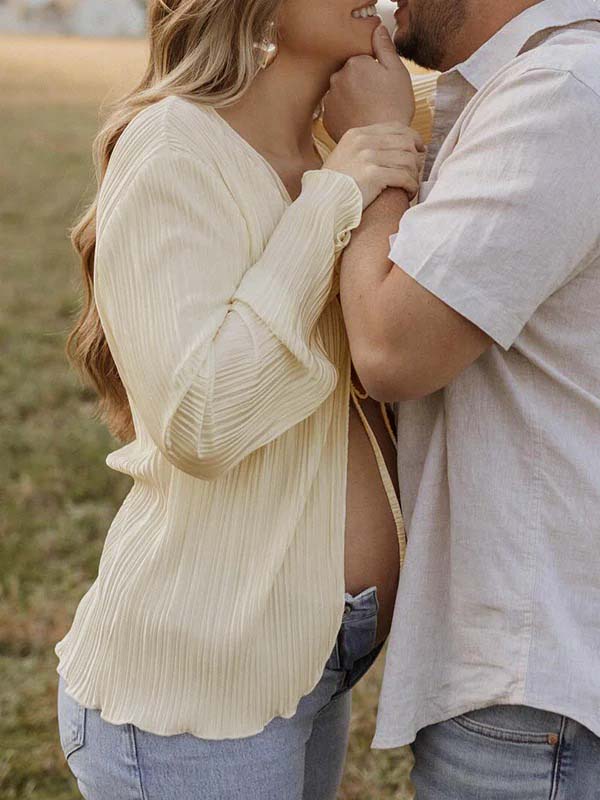 Beige Lace-up Flare Sleeve Modern Fashion Maternity Photoshoot Blouse for Maternity