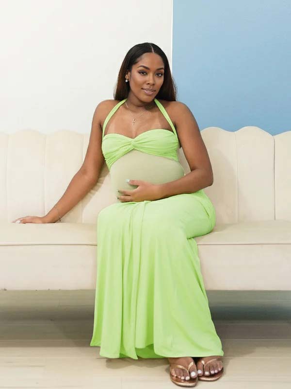 Ruched Mesh Draped Halter Neck Backless Maternity Maxi Dress for Maternity