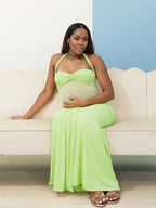 Ruched Mesh Draped Halter Neck Backless Maternity Maxi Dress for Maternity