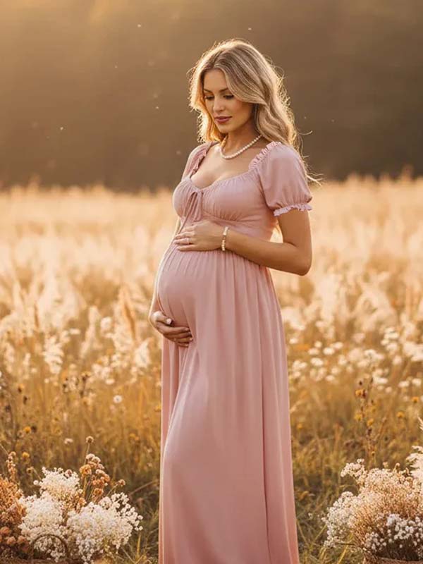 Ruffle Ruched Lace-up Big Swing Boho Western Maternity Maxi Dress for Maternity