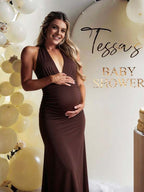 Pink Halter Neck Backless Ruched Tie Back Maternity Baby Shower Maxi Dress for Maternity