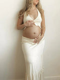 Apricot Halter Lace-up Two Piece Bodycon Mermaid Photoshoot Maternity Maxi Dress for Maternity