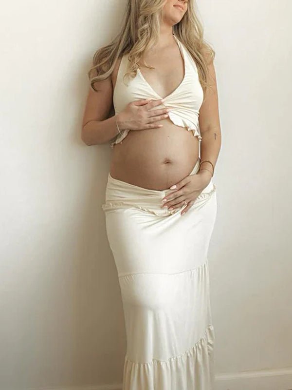 Apricot Halter Lace-up Two Piece Bodycon Mermaid Photoshoot Maternity Maxi Dress for Maternity