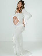 Ivory Sheer Ruffle Cut Out Crop Slit Falbala Deep V-neck Mermaid Elegant Maternity Photoshoot Maxi Dress for Maternity
