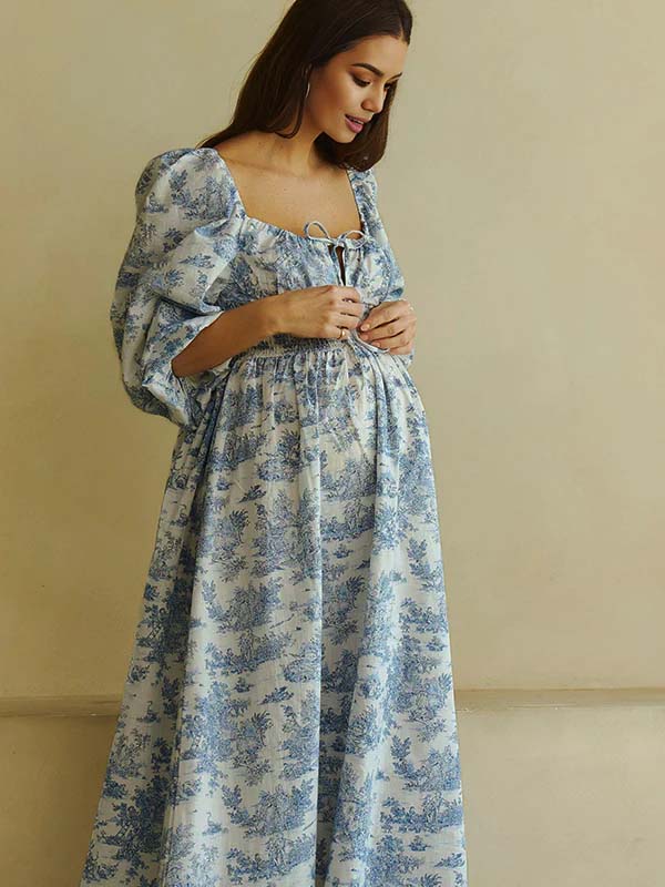Floral Smocked Lace-up Off Shoulder A-line Maternity Maxi Dress for Maternity