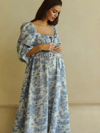 Floral Smocked Lace-up Off Shoulder A-line Maternity Maxi Dress for Maternity