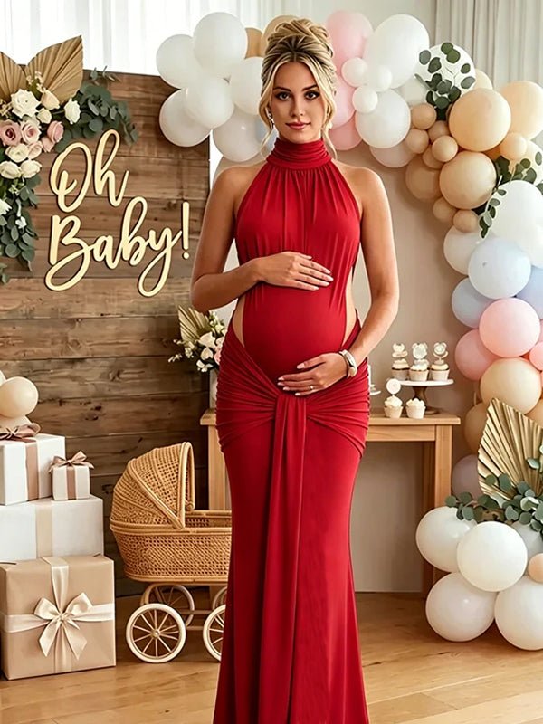 Ruched Bowknot Draped High Neck Backless Bodycon Elegant Maternity Baby Shower Maxi Dress for Maternity