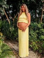 Chic Yellow Halter Neck Two Piece Ruffle Backless Lace-up Photoshoot Maternity Maxi Dress for Maternity