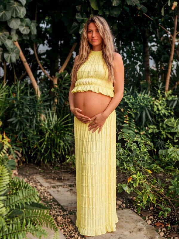 Chic Yellow Halter Neck Two Piece Ruffle Backless Lace-up Photoshoot Maternity Maxi Dress for Maternity