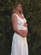 White Lace Ribbon High Waisted Two Piece Maternity Photoshoot Maxi Dress for Maternity