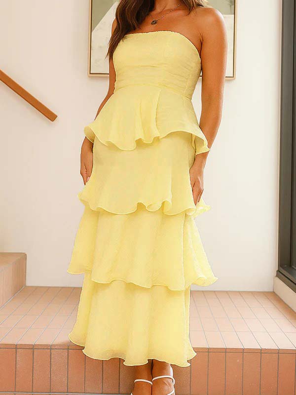 Bandeau Ruffle Tiered A-line Sweet Maternity Baby Shower Maxi Dress for Maternity
