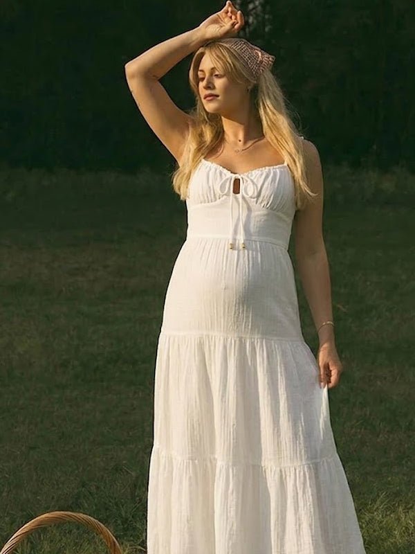 Spaghetti Strap Splicing Lace Up Open Back Maternity Photoshoot Maxi Dress for Maternity