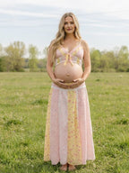 Pink Spaghetti Strap Smocked Print Lace Up Maternity Photoshoot Maxi Dress for Maternity