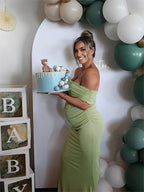 Green Off Shoulder Lace Sheer Splicing Ruched Baby Shower Maternity Maxi Dress for Maternity