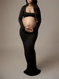 Black Cut Out Mermaid Crop Long Sleeve Backless Bodycon Cocktail Club Party Photoshoot Maternity Maxi Dress for Maternity