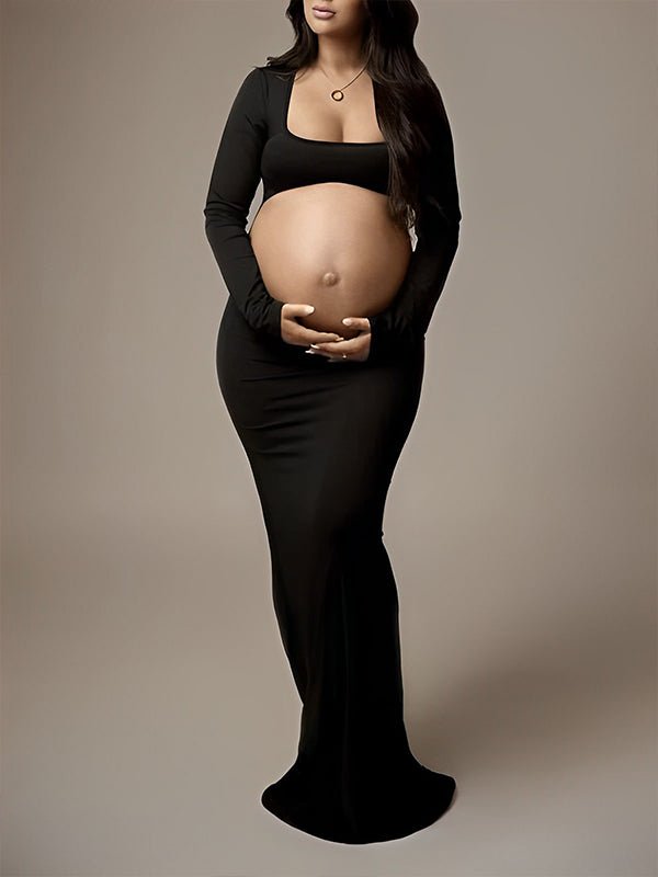 Black Cut Out Mermaid Crop Long Sleeve Backless Bodycon Cocktail Club Party Photoshoot Maternity Maxi Dress for Maternity