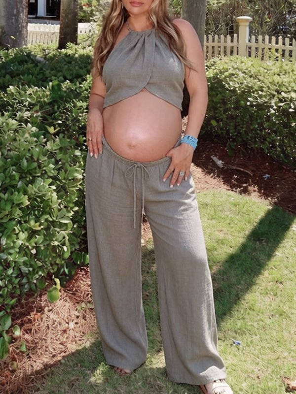Grey 2 Piece Spaghetti Straps Sleeveless Top Wide-leg Pants Maternity Clothes for Maternity
