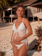 White Lace Two Piece Side Slit Lace-up Falbala Spaghetti Straps Vacation Maternity Swimwear for Maternity