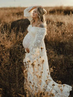 Boho Lace Off Shoulder Lace Tassel Crop Two Piece Side Slit Ruffle Photoshoot Maternity Maxi Dress for Maternity