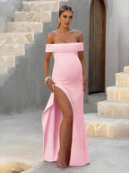 Pink Boat Neck Side Draped Side Slit Baby Shower Maternity Maxi Dress for Maternity