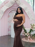 Brown Mesh Ruched Bandeau Strapless Bodycon Maternity Maxi Dress for Maternity