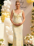 Chic Yellow Floral Falbala Bowknot Bodycon Mermaid Baby Shower Maternity Maxi Dress for Maternity