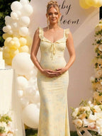 Chic Yellow Floral Falbala Bowknot Bodycon Mermaid Baby Shower Maternity Maxi Dress for Maternity