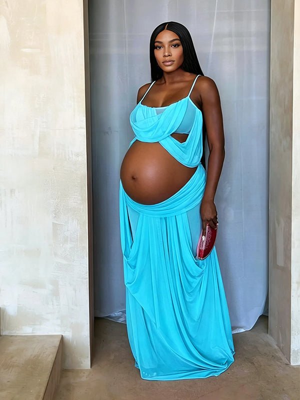 Spaghetti Straps Sheer Two Piece Irregular Tiered With Side Draped Maternity Baby Shower Maxi Dress for Maternity