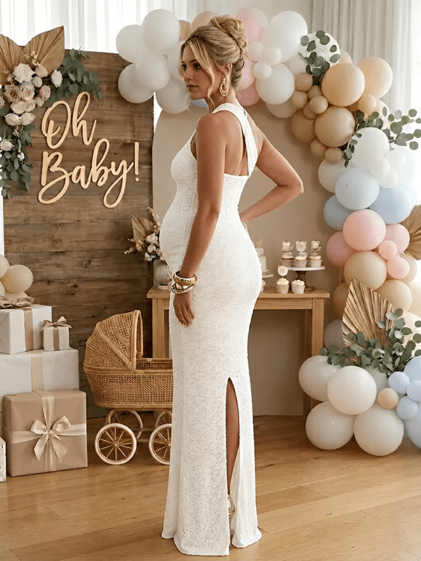 White Lace One Shoulder Ruched Draped Bodycon Elegant Maternity Maxi Dress for Maternity