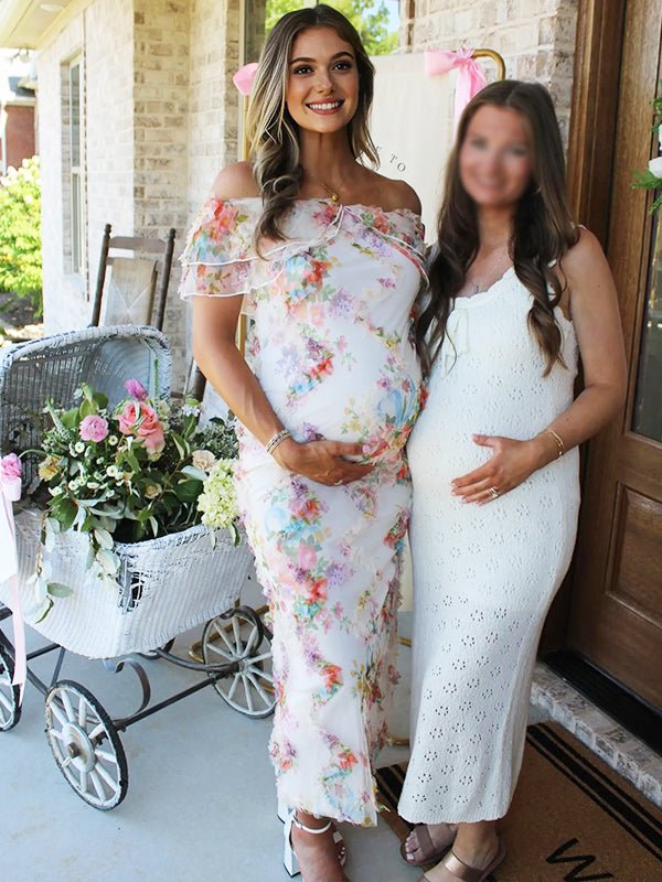 Ruffle Flouncy Tulle Off Shoulder Ruched Flower Maternity Baby Shower Maxi Dress for Maternity