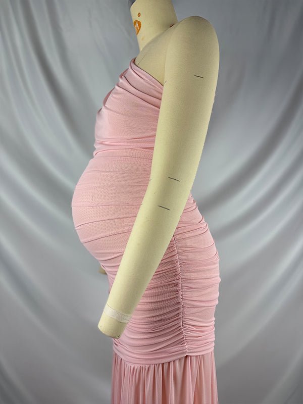 One Shoulder Mesh Ruched Mermaid Evening Gown Maternity Maxi Dress for Maternity