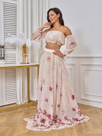 Two Piece Boho Flower Printing Off Shoulder Chiffon Crop Bandeau Photoshoot Maternity Maxi Dress for Maternity