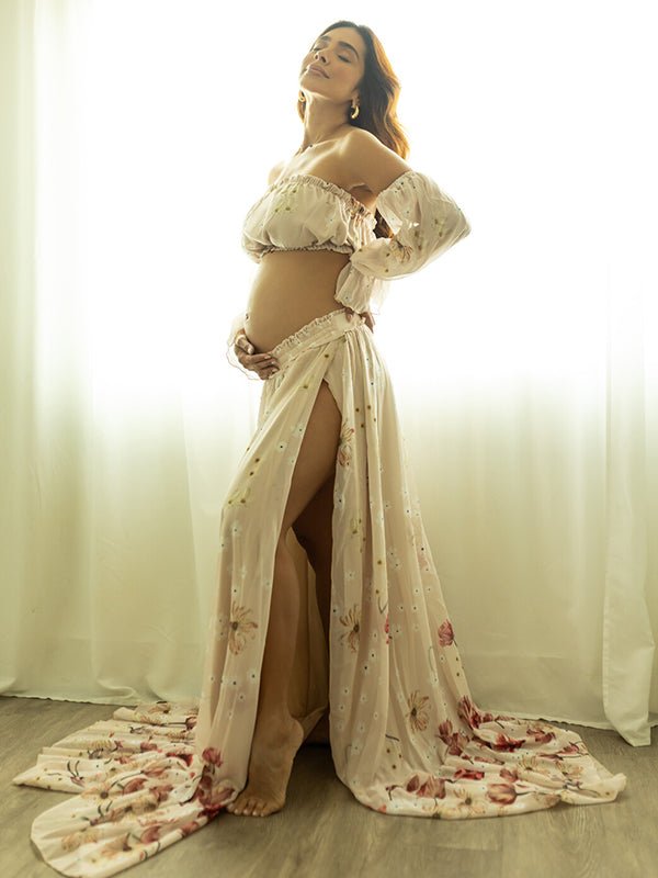 Two Piece Boho Flower Printing Off Shoulder Chiffon Crop Bandeau Photoshoot Maternity Maxi Dress for Maternity