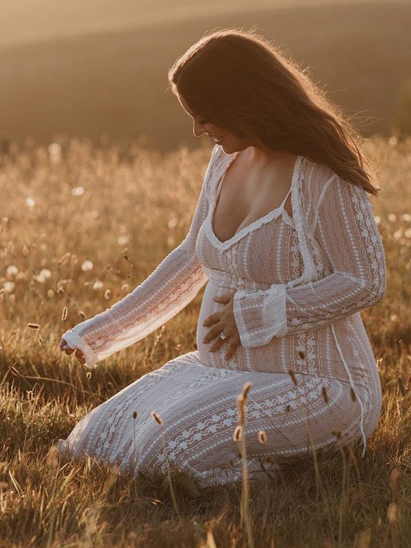 Ivory Lace Two Piece Set Side Slit V-neck Cami Maxi Dress And Crop Cardigan Elegant Going Out Maternity Photoshoot Baby Shower Maxi Dress for Maternity