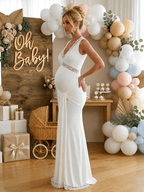 White Lace Ruched Draped Big Swing Baby Shower Maternity Maxi Dress for Maternity