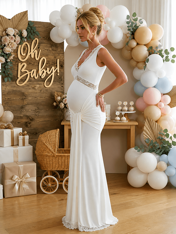 White Lace Ruched Draped Big Swing Baby Shower Maternity Maxi Dress for Maternity
