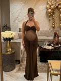 Chic Brown Side Draped Halter Neck Backless Bodycon Baby Shower Maternity Maxi Dress for Maternity