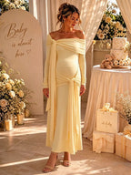 Elegant Yellow Off Shoulder Side Draped Lace-up Ruched Mermaid Maternity Baby Shower Maxi Dress for Maternity