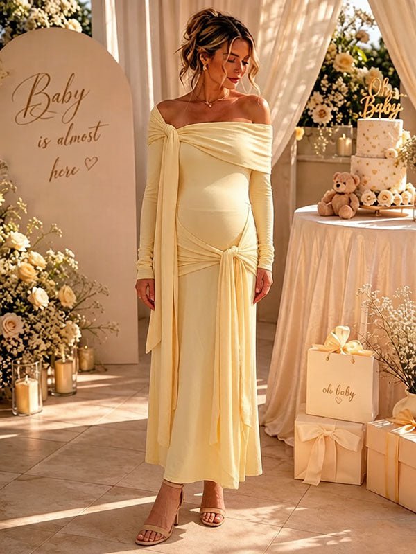 Elegant Yellow Off Shoulder Side Draped Lace-up Ruched Mermaid Maternity Baby Shower Maxi Dress for Maternity