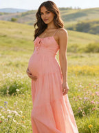 Spaghetti Strap Splicing Lace Up Open Back Maternity Photoshoot Maxi Dress for Maternity