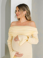 Yellow Knit Off Shoulder Flare Sleeve Mermaid Bodycon Elegant Vacation Photoshoot Baby Shower Maternity Maxi Dress for Maternity